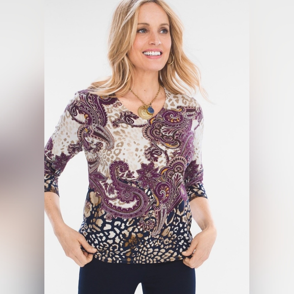 Chicos Paisley Cheetah Top Size 3